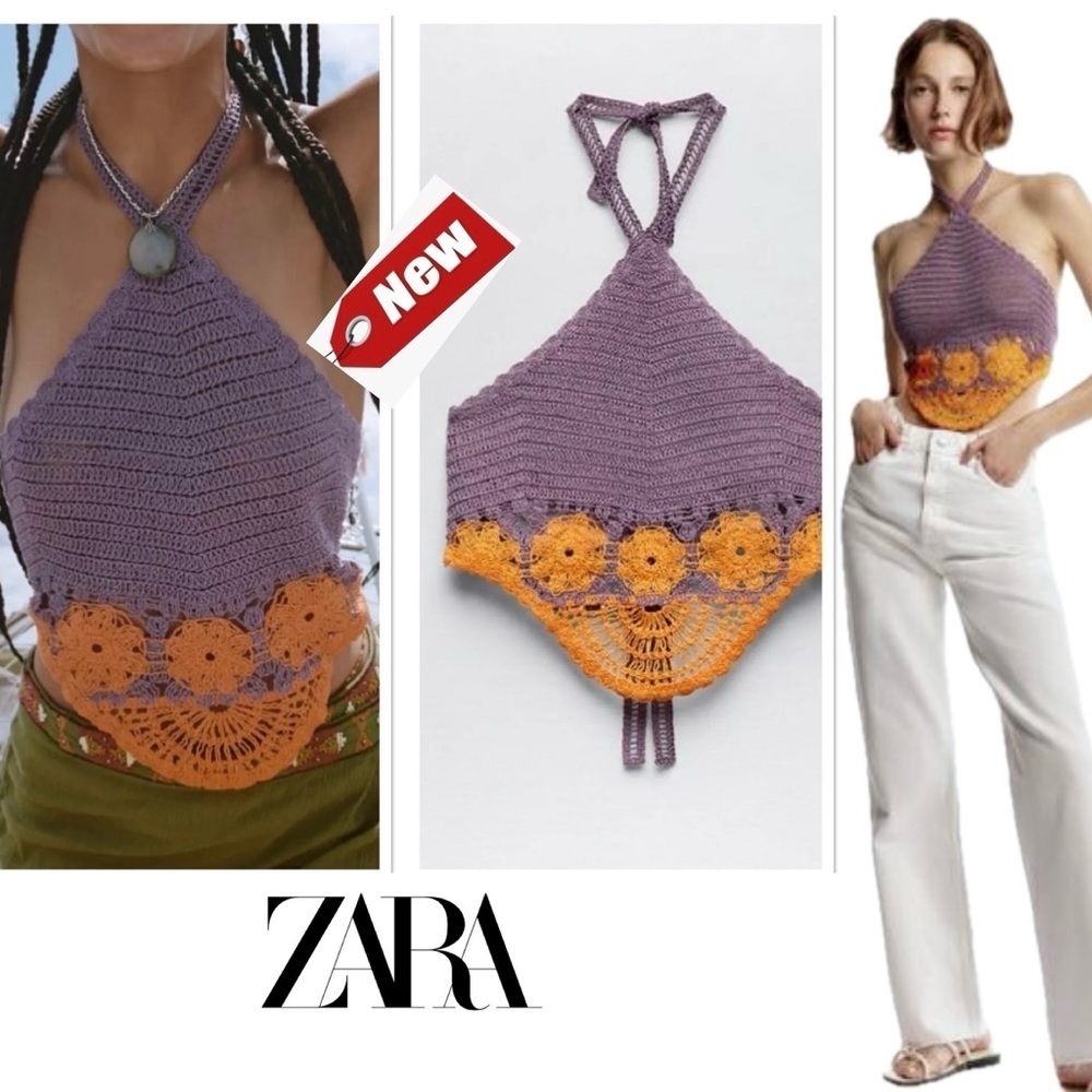 Zara purple orange crochet knit boho halter crop top NWT bohemian